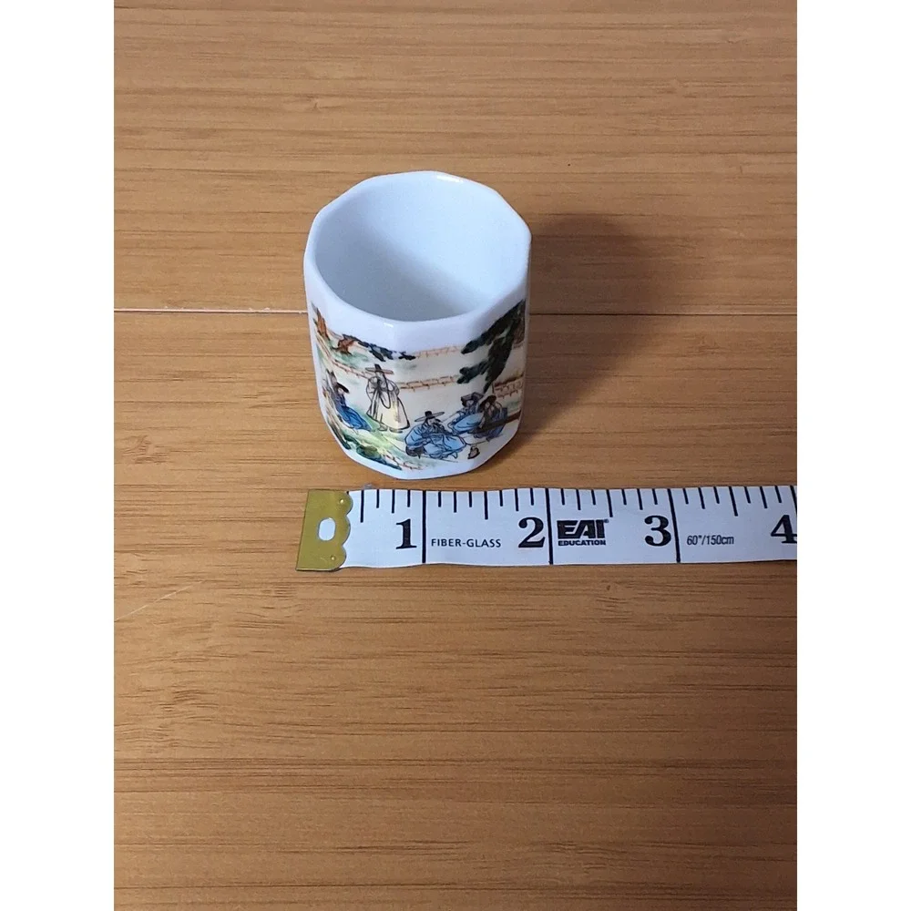 Vintage Korean Ceramic Sake Cups Set of 5 Faceted Porcelain Traditional Scenes